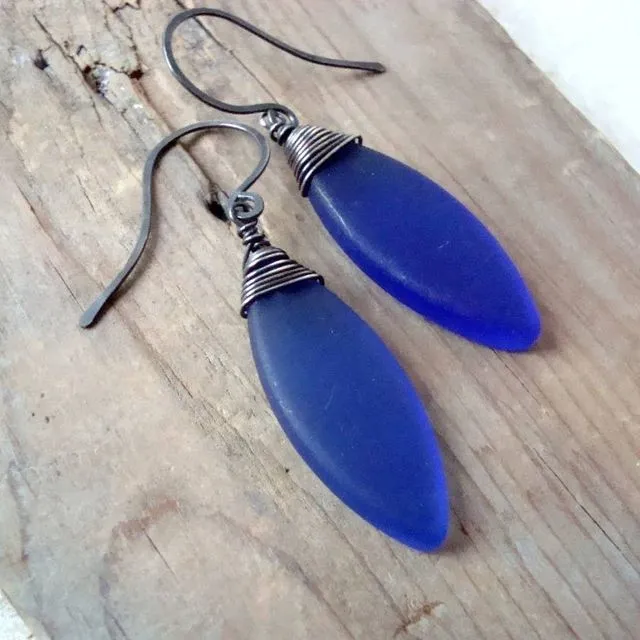 Sea Glass Leaf Earrings - Oxidized Sterling Wire Wrapped - Cobalt