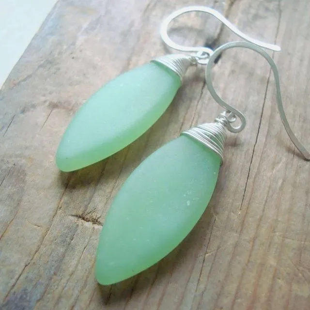 Sea Glass Leaf Earrings - Sterling Silver Wire Wrapped - light green
