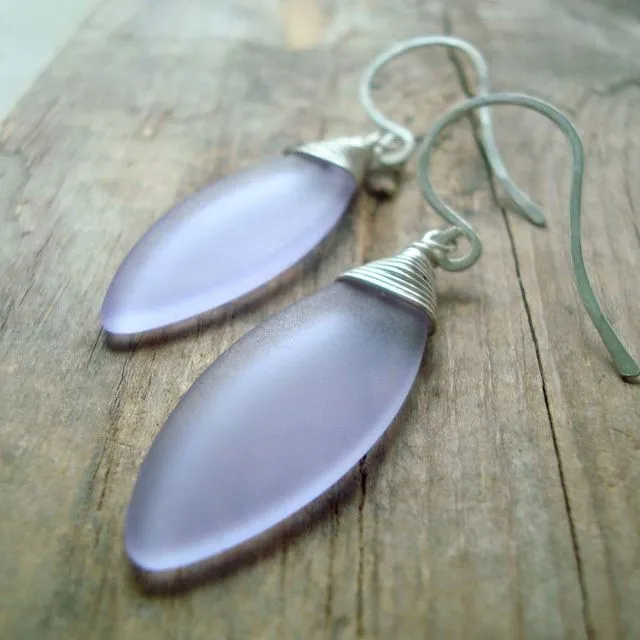 Sea Glass Leaf Earrings - Sterling Silver Wire Wrapped - lavender
