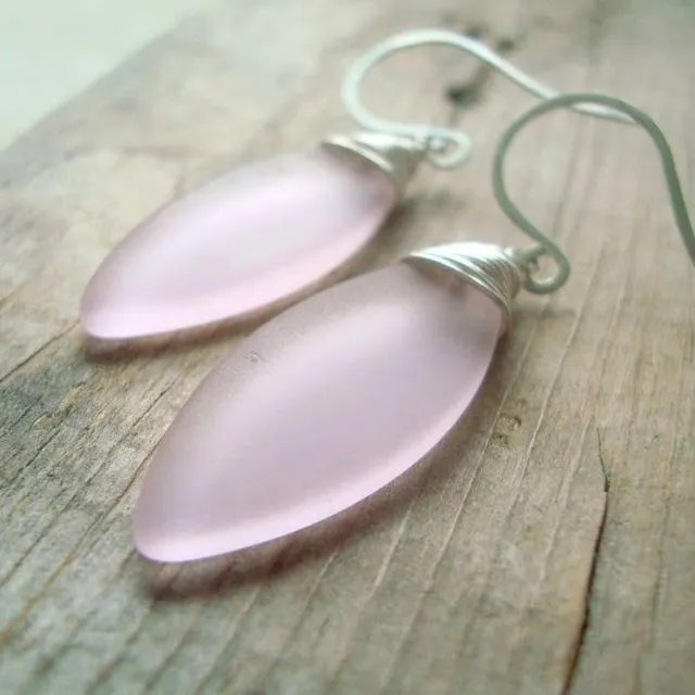 Sea Glass Leaf Earrings - Sterling Silver Wire Wrapped - pastel pink