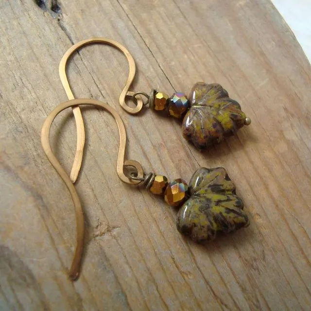 Brown Maple Leaf Earrings in Brass Fall Jewelry