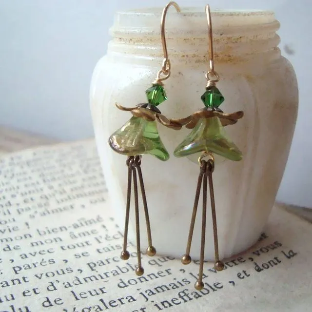 Lime and Brass Blossom Earrings with Crystal