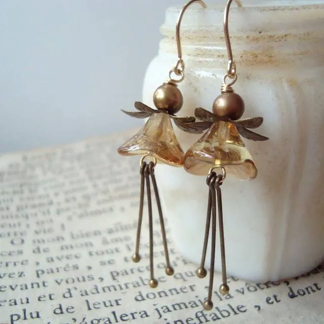 Gold and Brass Blossom Earrings With Pearl Fall Jewelry