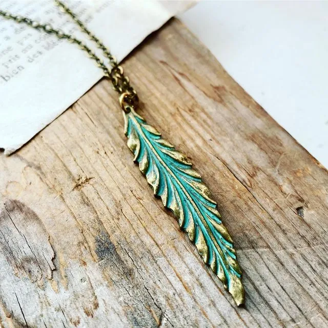 Green Patina Feather Necklace
