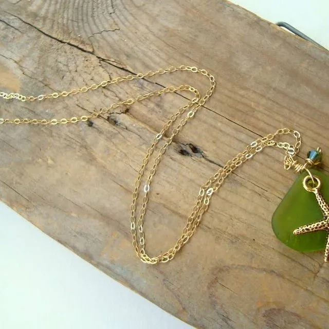 Green Glass Necklace with Gold Starfish and Crystal