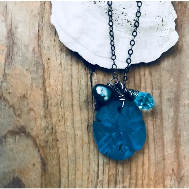 Teal Sand Dollar Necklace With Crystal and Pearl