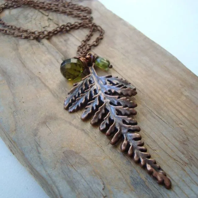 Copper Fern Necklace Olive Green Crystal and Peridot