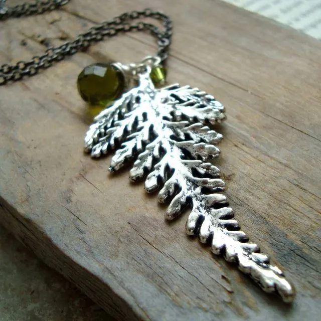 Silver Fern Necklace With Olive Green Crystals