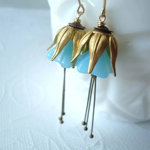 Brass Blossom Earrings aqua blue
