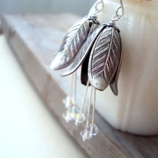 Antiqued Silver Gentian Earrings with Clear Crystal