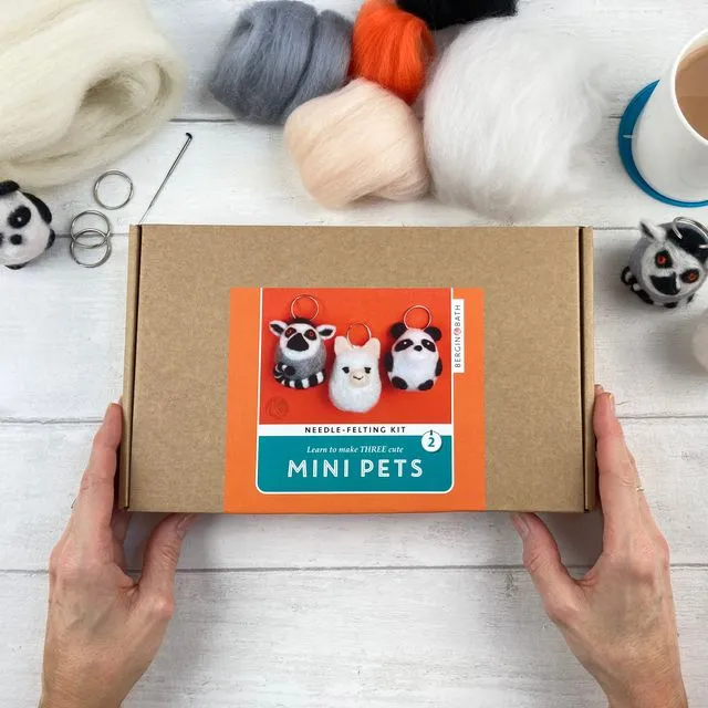 Needle Felting Kit - Mini Pets 2 - Make THREE felt animals with this beginners craft kit for adults. Create a cute Llama, Panda and Lemur!