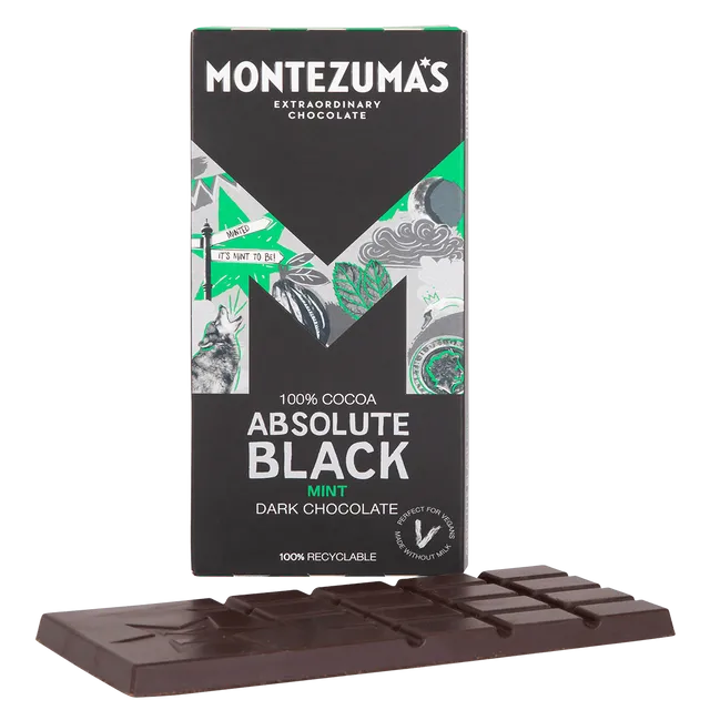 Montezuma's Chocolates 1530 Absolute Black 100% Cocoa with Mint 90g bar case of 12
