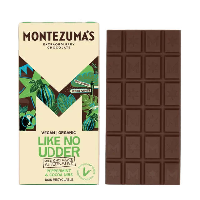 Montezuma's Chocolates 1834 Like No Udder with Peppermint & Cocoa Nibs Milk Chocolate Alternative 90g bar case of 12