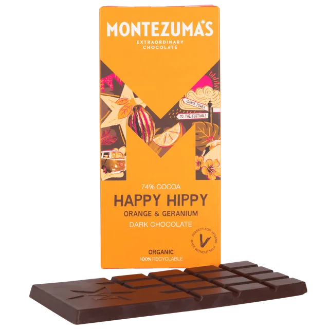 Montezuma's Chocolates 1534 Happy Hippy 74% Dark Organic with Orange & Geranium 90g bar case of 12