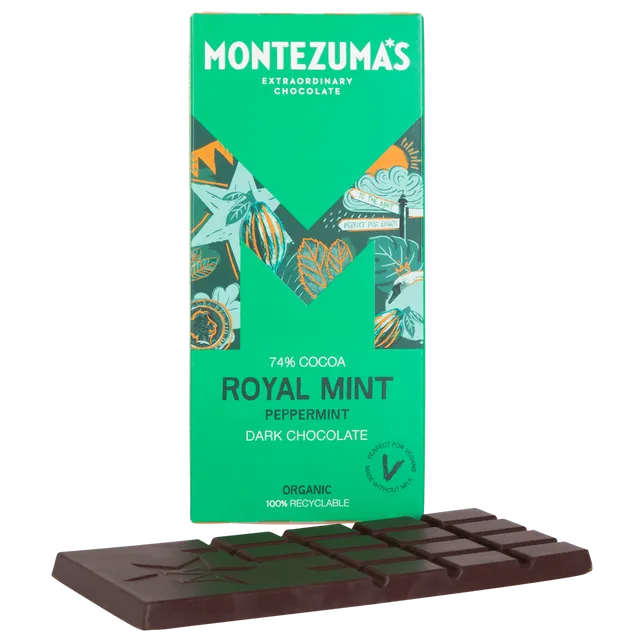 Montezuma's Chocolates 1535 Royal Mint 74% Dark Organic with Mint 90g bar case of 12