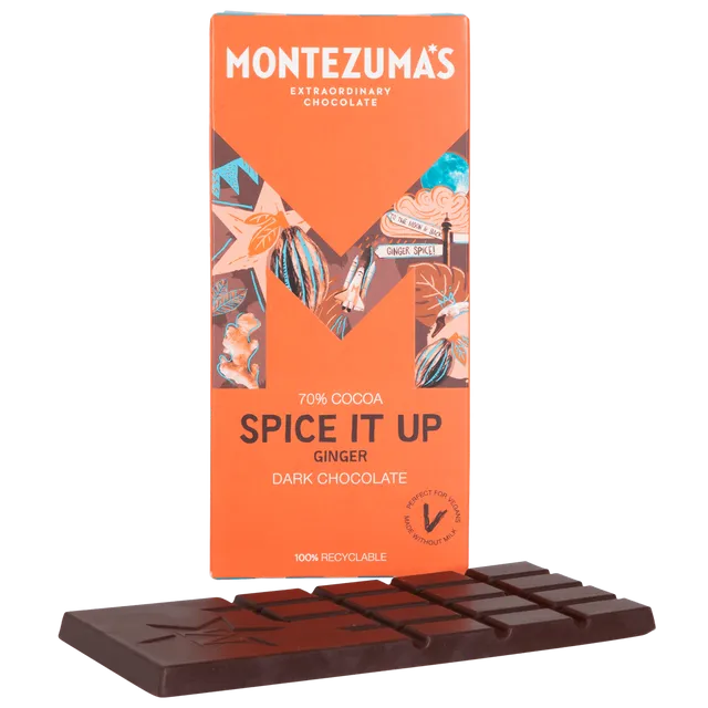 Montezuma's Chocolates 1612 Spice It Up 70% Dark with Crystallised Ginger 90g bar case of 12