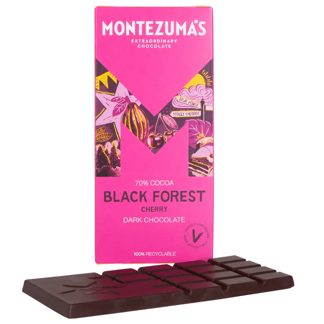 Montezuma's Chocolates 1539 Black Forest 70% Dark with Cherry 90g bar case of 12