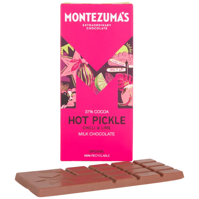 Montezuma's Chocolates 1545 Hot Pickle 37% Milk with Chilli & Lime 90g bar case of 12