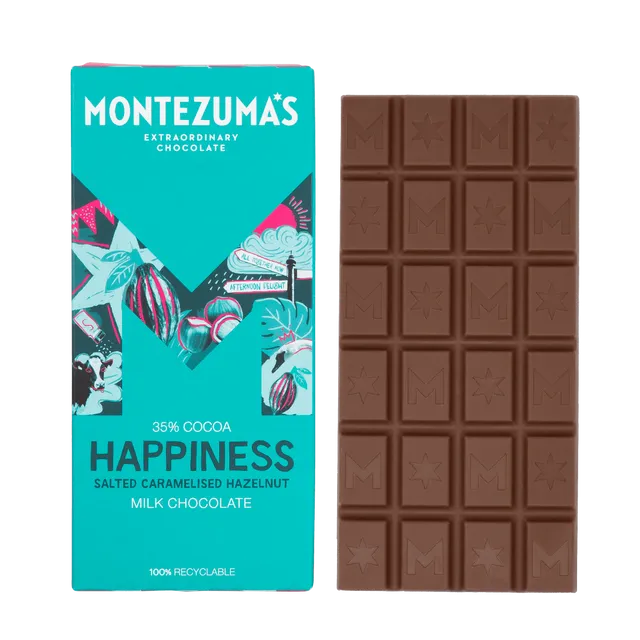 Montezuma's Chocolates 1546 Happiness 35% Milk with Salted Caramelised Hazelnuts 90g bar case of 12