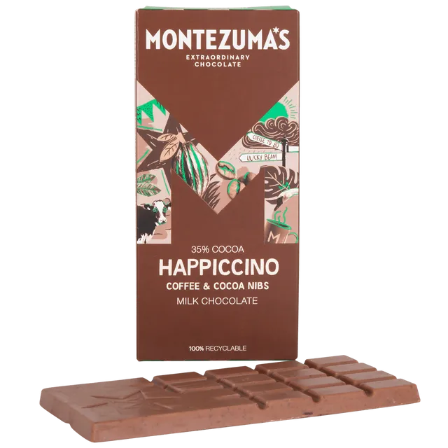 Montezuma's Chocolates 1547 Happiccino 35% Milk with Coffee & Cocoa Nibs 90g bar case of 12