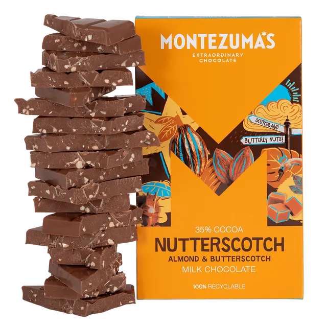 Montezuma's Chocolates 1558 Nutterscotch Milk with Almonds & Butterscotch 300g bar case of 6