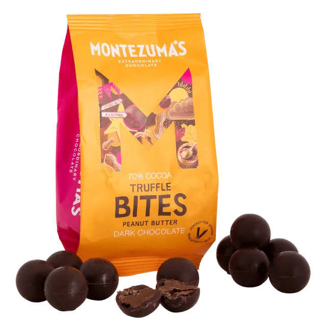 1570 Montezuma's Chocolates Dark Peanut Butter Truffle Bites 120g bag case of 8