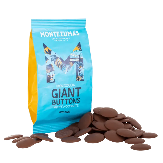 1565 Montezuma's Chocolates Organic Milk 38% Giant Buttons 180g bag case of 8