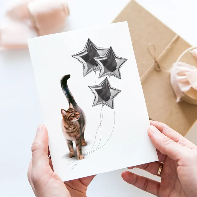 Cat and balloons Birthday card