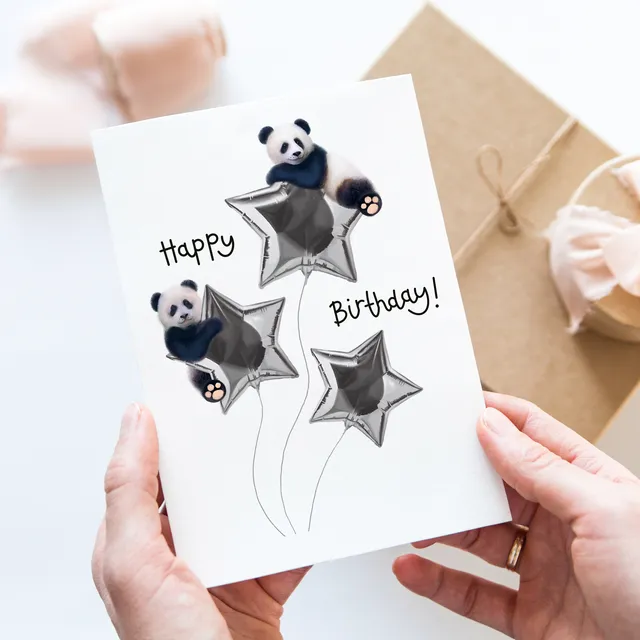 Panda and balloons Birthday card