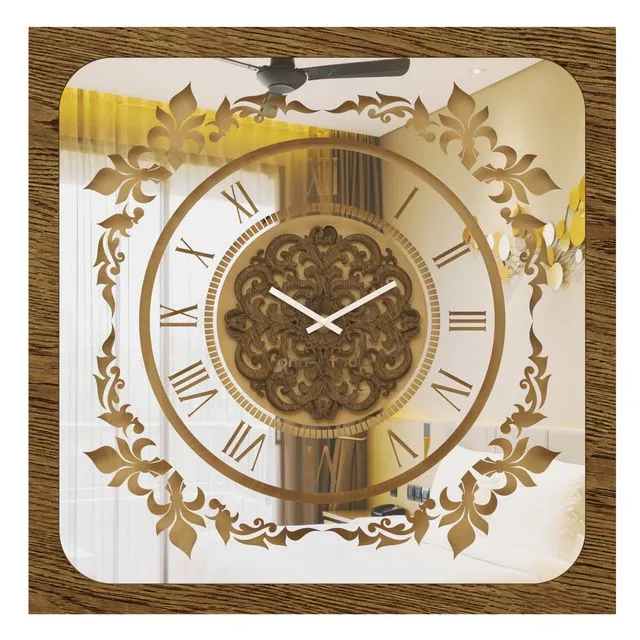 Wall Clock Traditional Floral Motif Vintage Gold Square Patina Artisan Timekeeper Roman Numerals Large Statement Mirrored Home Decoration Model: S01-60