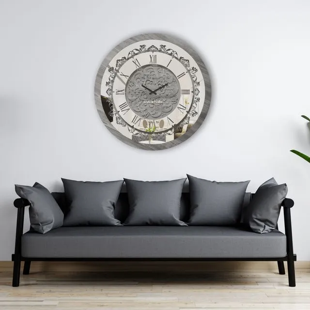 Wall Clock Traditional Floral Motif Vintage Silver Patina Mirrored Artisan Timekeeper Roman Numerals Large Statement Office Home Decoration Model: C02-60