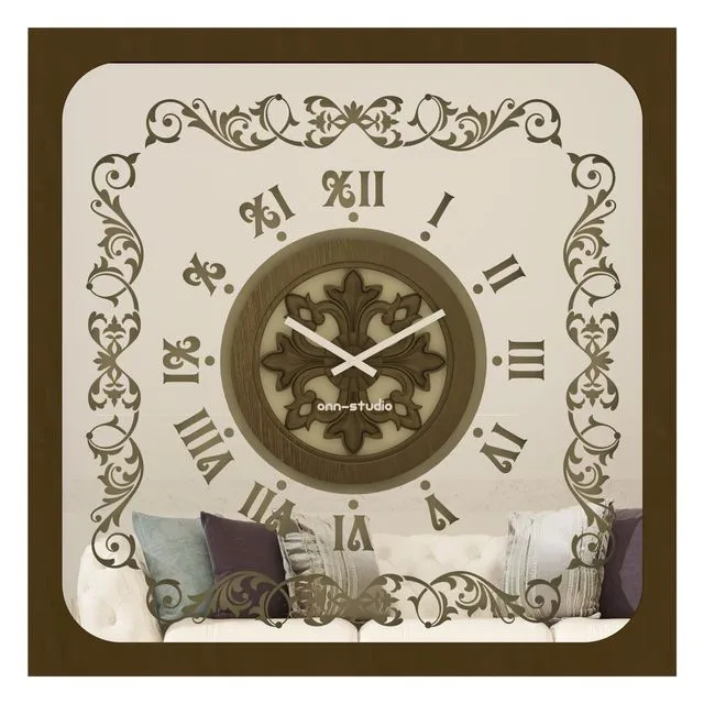 Oversized Wall Clock Traditional Floral Motif Vintage Bronze Square Artisan Timekeeper Roman Numerals Large Statement Office Home Decoration Model: S03-80