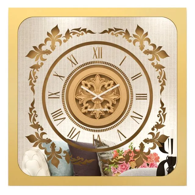 Oversized Wall Clock Traditional Floral Motif Vintage Gold Square Artisan Timekeeper Roman Numerals Large Statement Office Home Decoration Model: S04-80