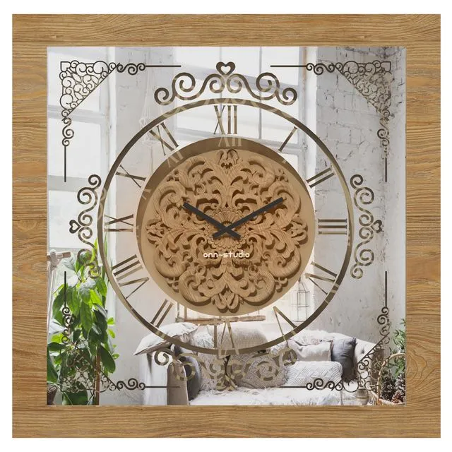 Onn Studio Antique Gold/Khaki Square Patina Mirrored Handmade Wall Clock 60 x 60 x 7cm Model: S11-60