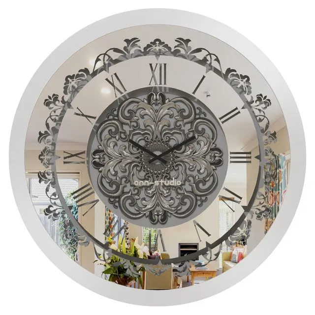Onn Studio Silver Round Mirrored Handmade Wall Clock 60cm Diameter Model: C14-60