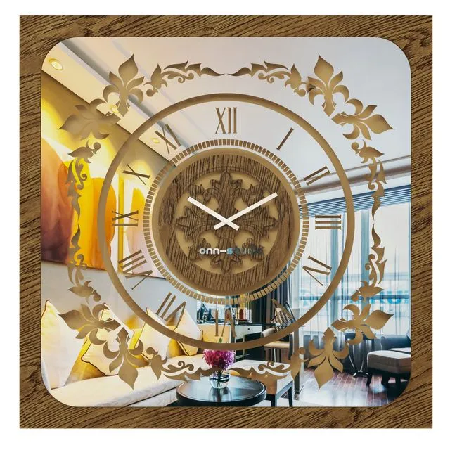 Oversized Wall Clock Traditional Floral Motif Vintage Gold Square Patina Artisan Timekeeper Roman Numerals Large Statement Home Decoration S01-80