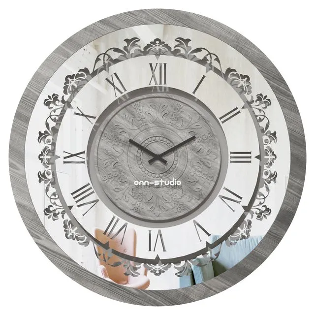 Oversized Wall Clock Traditional Floral Motif Vintage Silver Patina Artisan Timekeeper Roman Numerals Large Statement Office Home Decoration Model: C02-75