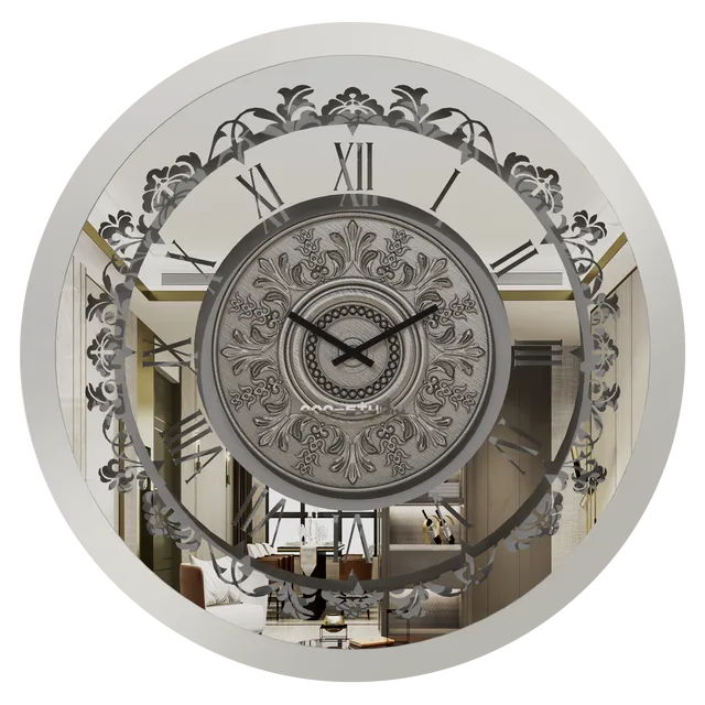 Oversized Wall Clock Traditional Floral Motif Modern Silver Round Artisan Timekeeper Roman Numerals Large Statement Office Home Decoration Model: C14-75