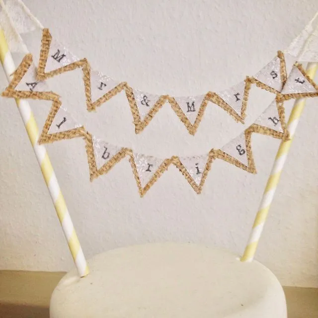 PERSONALISED Mr & Mrs wedding cake topper bunting Hessian & Lace