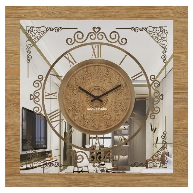 Onn Studio Antique Gold/Khaki Square Patina Mirrored Oversized Handmade Wall Clock 80 x 80 x 7cm Model: S11-80