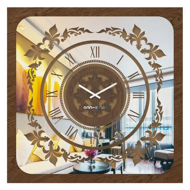 Oversized Wall Clock Traditional Floral Motif Vintage Walnut Patina Square Artisan Timekeeper Roman Numerals Large Statement Home Decoration Model: S13-80
