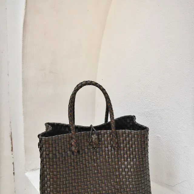 Lola Recycled Plastic Woven Tote Large - Black/Brown Multi