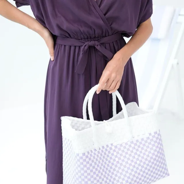 Lola Recycled Plastic Woven Tote Large - White and Lite Purple Checker