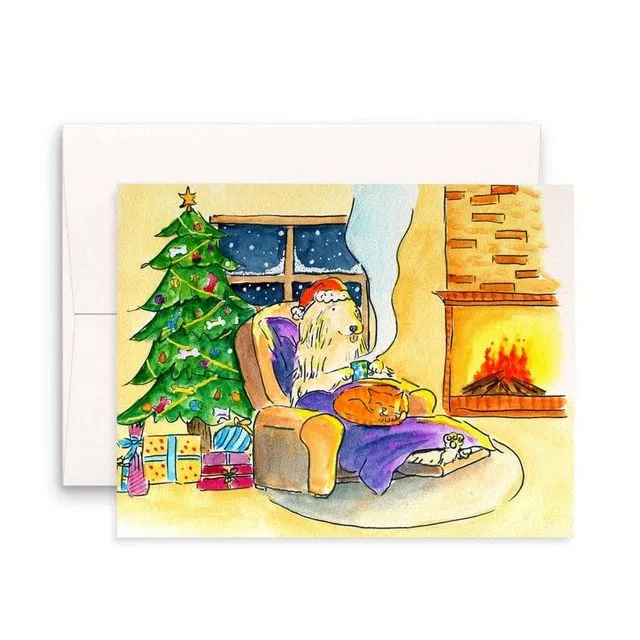 Dog Fireplace Christmas Night - Christmas Card