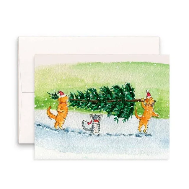 Cat Dog Carry Tree - Funny Christmas Card