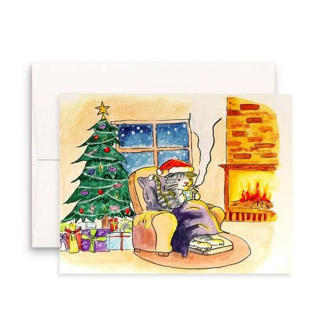 Cat Fireplace Christmas Night - Christmas Card