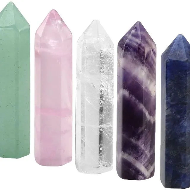 CrystalTears 5pcs 45-46mm Healing Crystals Single Point Wand Polished Tumbled Stones Decor- Amethyst/Clear Quartz/Rose Quartz/Sodalite/Green Aventurine
