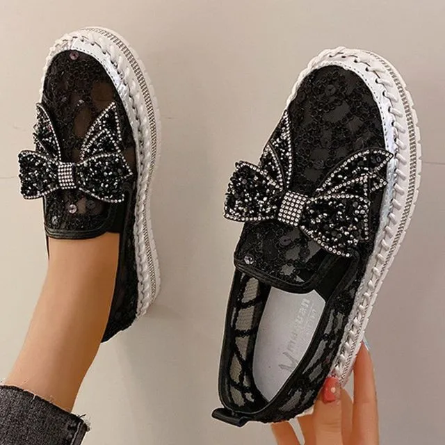 Loafer Shoes New Summer Simple Bow Hollow Women’s Shoes Loose Cake Heel Flat Sole Hollow Single Shoe