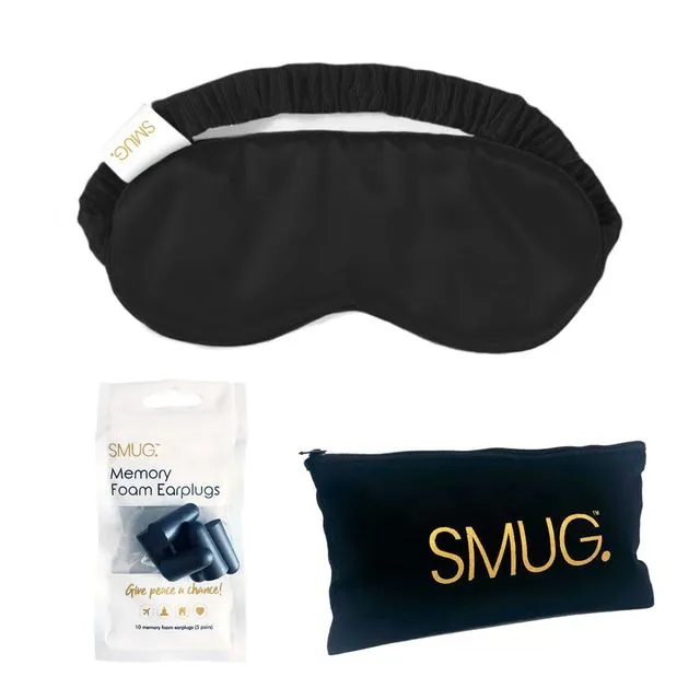 Satin Sleep Mask, Black Earplugs & Storage Bag Sets - Black