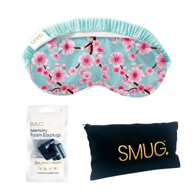 Satin Sleep Mask, Black Earplugs & Storage Bag Sets - Cherry Blossom